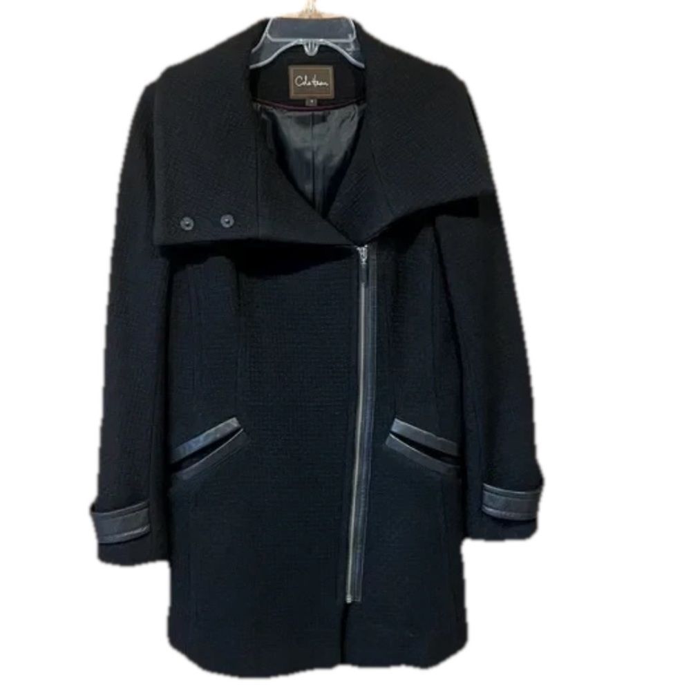 Cole Haan Size 4 Black Wool Blend Leather Trim Woman's Coat